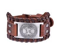 TQWSVUM Wikinger Keltischer Knoten Baum des Lebens Metall Lederarmband - Nordisches Yggdrasil Amulett Breites Geflochtenes Armband - Herren Damen Vintage Verstellbares Manschettenarmband(Silver A)