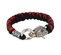 TQWSVUM Wikinger Paracord Odin Wolfskopf Armband - Männer Frauen Edelstahl Wolf Fenrir Perlen Geflochtenes Armband - Handgefertigter Nordischer Vintage Tieramulett Armbandschmuck(Red_21CM)