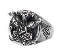 TQWSVUM Wikinger Rabe Mjölnir Ring - Herren Edelstahl Valknut Thor Hammer Ring - Nordisch Ouroboros Krähenköpfe Odin Symbol Siegelring Tier Amulett Vintage Schmuck(Silver_12)