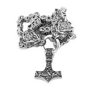 TQWSVUM Wikinger Wolfskopf Mjolnir Halskette Aus Edelstahl -Männer Keltischer Knoten Bär Klaue Thor's Hammer Anhänger Tier Amulett -Nordic Vintage Handgefertigte Schwere Klobige Königskette(70CM)