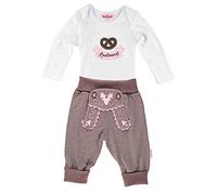 Trachten Set für Mädchen bestehend aus Baby Body mit langem Arm Motiv "Brezel" mit Stickerei "Spatzerl" und Baby Jogginghose Lederhosen Look, braun/pink - EIN tolles Geschenk