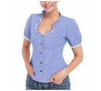 Trachtenbluse Damen Karierte Bluse Große Größen Bayrische Oktoberfest Oberteile Bavarian Karneval Outfit Damen Trachten Bluse mit Stehkragen & HerzknöPfen Carmenstil Kariert Kurzarm Trachtenblusen