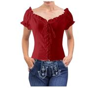 Trachtenbluse Damen Oktoberfest Outfit Moderen Bayrische Trachten Karierte Bluse Oberteil Kurzarm Schulterfrei Trachtenblusen Große Größen Dirndl Trachtenshirt
