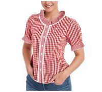 Trachtenbluse Damen Weiß Trachten Bluse Kurzarm Rundhals Trachtenhemd Rot Weiss Kariertes Shirt Bierfest Hemd Große Größen Traditionelle Taillierte Trachten Mit Stehkragen & Herzknöpfen