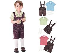 Trachtenhemd, 3 Teilig Trachtenset Kinder Jungen Mädchen Trachten Lederhose Mit Taschen Weißes Trachtensocken Kurzarm Kariert Trachtenhemd Neueste Latzhose Loose Kostüme Set Einfarbig, Grün, 4-6 Jahre
