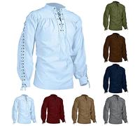Trachtenhemd Herren Stehkragen Mittelalter Hemd Langarm Vintage Shirt Einfarbig Ethnische Freizeithemd mit Kordelzug Oberteile Classic Mittelalterliche Vintageshirt Bequeme Langarmshirt