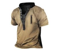 Trachtenhemd Herren Tactical Shirt MäNner Hemd MäNner Retro Einfarbig Locker V-Ausschnitt Kurzarm Henley Tops Mit ReißVerschluss Mittelalter Vintage Hemd Langarm (Khaki, 3XL)