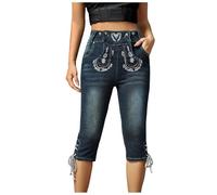 Trachtenhose Damen Oktoberfest Damen Outfit Trachtenjeans Damen 3/4 Stretch Capri-Hose Trachten Jeans Shorts Oktoberfest Bayerisches Trachtenhose High Waist Slim Fit Kurze Jeanshose Kniebund Bequeme