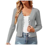 Trachtenjacke Damen, Strickjacke Damen Kurz V Ausschnitt Trachtenjacke Mit Knöpfen Dirndl Jacke Einfarbig Cardigan Leichte Übergangsjacke Sommer Bolero Elegante Kurzjacke Casual Dünnes, Lichtgrau, M