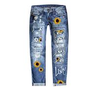 Trachtenjeans Damen, Capri Jeans Damen, Boyfriend High Waist Stretch Jeanshose Baggy Destroyed Mom Jeans Straight Leg Zerrissene Freizeithose Gerades Bein Hose