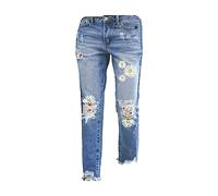 Trachtenjeans Damen Damen-Jeans mit geradem Bein und verwaschenem -Jeans im Distressed-Saum Jeans Slim Breite Jeans Hosen Damen High Waist (Red, L)
