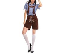 Trachtenlederhose Damen, Damen Trachten Hose mit Kariertes Bluse Kurz Hotpants Lederhose Bayer Bayern Trachtenlederhose Trachten Lederhose Damen Hellbraun Oktoberfest Damen Outfit