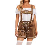 Trachtenlederhosen für Damen mit Trägern Kurz Lederhose Damen Tracht Set mit Trachtenbluse Hosenträger Komplettset Trachtenset Lederhosen braun Stickerei Hosenträger Oktoberfest Outfit für Bayerische