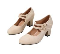 Trachtenschuhe Damen Chunky Pumps Hohe Schuhe Geschlossene Bequeme Spangenpumps Plateau Tanzschuhe Breite Füße Blockabsatz Brautschuhe Weite H Oktoberfest Schuhe 36-45 EU (Beige, 44)