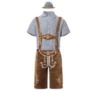 Trachtenset Herren Komplett- Lederhose Herren Tracht Set 3 Teilig Inkl. Kariertes Hemd Oktoberfest Herren Outfit Hut und Trachtenhose Kurz. Trachtenhemd Kurzarm Trachtenlederhosen für Bierfest Partys
