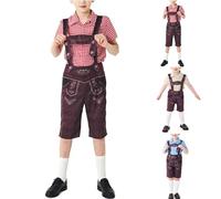 Trachtenset Kinder Jungen Oktoberfest Kinder Outfit Kurzarm Kariert Trachtenhemd + Trachtenlederhose mit Socken 3-teilig Kurz Trachtenhose mit Träger und Stickerei Bayrische Faschings Kinderkostüm