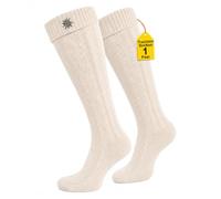 Trachtensocken klassisch 40cm Lang - Trachten Strümpfe Passend zu kurze Trachtenhosen & Kniebundhosen - Edel gestrickte Socken mit Zopfmuster - aus Baumwolle Natur mit Edelweiß-Pin - 41-43