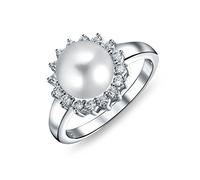 Traditionelle zeitlose Hochzeit CZ Halo Solitär simulierte weiße Perle Cocktail Verlobungsring für Frauen .925 Sterling Silber