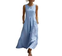 Trägerkleid Sommer Damen Leicht Und Luftig, Lang Sommerkleid Leinenkleid Rundhals Strandkleid Musselin Blusenkleid Midi Tank Leinenkleider Ärmellos Sommerkleider Boho Freizeitkleid Mit Taschen