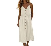 Trägerkleid Sommer Damen Leicht Und Luftig, Spaghettiträger Kleid Strandkleid Lang Sommerkleid V-Ausschnitt Leinenkleid Musselin Kleid Sommerkleider Midi Boho Freizeitkleid Mit Knopfleiste Taschen