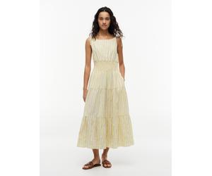 Trägerkleid TOMMY HILFIGER "SMOCK TIE NS MIDI DRESS", Damen, Gr. S (36/38), N-Gr, liquorice stp citronella, Web, Obermaterial: 60% Baumwolle, 40% Modal, gestreift, regular fit wadenlang, Rundhals, Kle