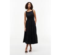 Trägerkleid TOMMY HILFIGER "SMOCK TIE NS MIDI DRESS", Damen, Gr. S (36/38), N-Gr, schwarz, Web, Obermaterial: 60% Baumwolle, 40% Modal, unifarben, regular fit wadenlang, Rundhals, Kleider Trägerkleid,