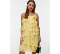 Trägerkleid VERO MODA "VMADALYN SINGLET FLOUNCE DRESS EXP", Damen, Gr. L, N-Gr, pale banana, Web, Obermaterial: 100% Polyester, unifarben, kurz, Kleider Trägerkleid, Kunstfaser, mit Volants (38121718-