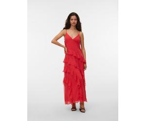 Trägerkleid VERO MODA "VMSMILLA S/L V-NECK LONG FRILL DRESS WVN", Damen, Gr. M, N-Gr, poinsettia, Web, Obermaterial: 100% Polyester, unifarben, lang, V-Ausschnitt, Kleider Trägerkleid, Kunstfaser (811