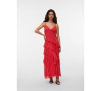 Trägerkleid VERO MODA "VMSMILLA S/L V-NECK LONG FRILL DRESS WVN", Damen, Gr. S, N-Gr, poinsettia, Web, Obermaterial: 100% Polyester, unifarben, lang, V-Ausschnitt, Kleider Trägerkleid, Kunstfaser (811