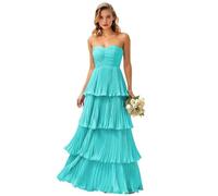 Trägerloses Chiffon-Abschlussballkleid für Damen, gestuftes Brautjungfernkleid, Rüschen, formelles Abendkleid, plissiert, Hochzeitsgästekleid, türkis, 38