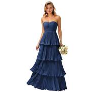 Trägerloses Chiffon-Abschlussballkleid für Damen, gestuftes Brautjungfernkleid, Rüschen, formelles Abendkleid, plissiert, Hochzeitsgästekleid, marineblau, 38