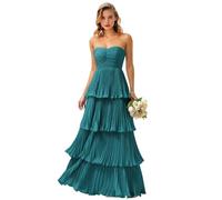 Trägerloses Chiffon-Abschlussballkleid für Damen, gestuftes Brautjungfernkleid, Rüschen, formelles Abendkleid, plissiert, Hochzeitsgästekleid, blaugrün, 38
