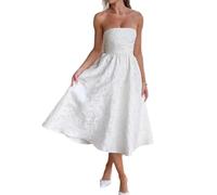Trägerloses, Florales Jacquard Midi Cocktailkleid Für Damen, Elegantes, Formelles A Linien Abendkleid Mit Schnürung Am Rücken(White,XL)