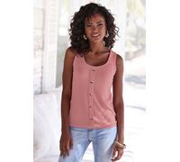 Trägertop LASCANA "mit Zierknopfleiste", Damen, Gr. 44/46, lila (beere), Piqué, Obermaterial: 69% Polyester (REPREVE), 28% Viskose, 3% Elasthan, unifarben, figurumspielend normal, Rundhals, Tops Träge