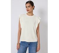 Trägertop STREET ONE STUDIO, Damen, Gr. 44, weiß (sanftes weiß), Stoff, 80% Polyester, 20% Viskose, unifarben, normal normal, Rundhals, Volant, Tops Trägertop, Rundhalsausschnitt (60180005-44) sanftes