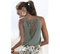 Trägertop VIVANCE BY LASCANA, Damen, Gr. 32/34, grün (khaki), Single Jersey, Obermaterial: 100% Viskose. Spitze: 100% Baumwolle, unifarben, figurumspielend hüftlang, amerikanischer Ausschnitt, Tops Tr