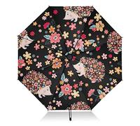 Tragbarer kompakter Regenschirm Igel Blumen Reiseschirm für Regen Sonne Groß Rückseite Winddicht 8 Rippen UV Regenschirm Automatisch für Frauen Männer