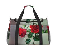 Tragetasche mit rotem Rosenbild, Wochenend-Übernachtung, Reisetasche, Reisetasche für Reisen, Damen, Herren, Fitnessstudio, Gepäck, Handgepäck, Schwarz , Einheitsgröße