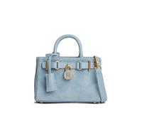 Tragetasche TOMMY HILFIGER "AMERICAN ICON MICRO TOTE SUEDE", Damen, Gr. B/H/T: 18cm x 13cm x 9cm, hellblau, Veloursleder, used, Taschen, Damen Handtasche, Minibag mit Bändern und Schloss-Schmuckelemen