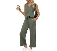 Trainingsanzug Damen Einfarbig Baumwolle Leinen Freizeitanzug Elegant Hosenanzug Casual Rundhals Kurzarm T-Shirt Und Hose 2 Teiler Leicht Luftig Loungewear Strand Urlaub Hausanzug