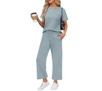 Trainingsanzug Damen Einfarbig Baumwolle Leinen Freizeitanzug Elegant Hosenanzug Casual Rundhals Kurzarm T-Shirt Und Hose 2 Teiler Leicht Luftig Loungewear Strand Urlaub Hausanzug