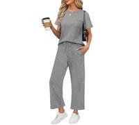 Trainingsanzug Damen Einfarbig Baumwolle Leinen Freizeitanzug Elegant Hosenanzug Casual Rundhals Kurzarm T-Shirt Und Hose 2 Teiler Leicht Luftig Loungewear Strand Urlaub Hausanzug