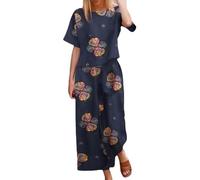 Trainingsanzug Damen Set Blumendruck Baumwolle Leinen Freizeitanzug Elegant Hosenanzug Casual Rundhals Kurzarm T-Shirt Und Hose 2 Teiler Leicht Und Luftig Lounge Set Für Strand Urlaub Loungewear