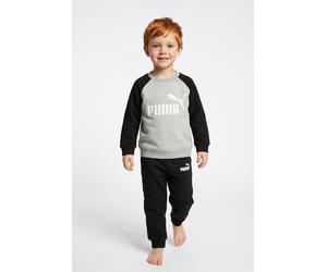 Trainingsanzug PUMA "MINICATS ESS RAGLAN CREW SET FL INF", Jungen, Gr. 104, schwarz-weiß (puma schwarz, puma weiß), Fleece, Obermaterial: 68% Baumwolle, 32% Polyester, bedruckt, regular fit, Sportanzü
