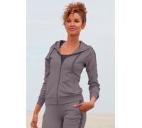 Trainingsjacke LASCANA ACTIVE, Damen, Gr. L (44/46), grau (stone), Interlock, Obermaterial: 100% Baumwolle, unifarben, bequem hüftlang, Bündchen, Jacken Trainingsjacke, mit Logo Tape an den Ärmeln (25