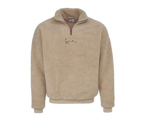 Trainingskapuzenpullover KARL KANI "Karl Kani Herren KM213-063-1 Small Signature Teddy Troyer", Herren, Gr. XS, beige (lightsand), 100% Polyester, relaxed fit, amerikanischer Ausschnitt, Pullover (750