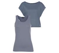 Trainingsshirt H.I.S "2-tlg. Set: Shirt & Top", Damen, Gr. 44, blau (rauchblau), Obermaterial: 65% Polyester, 35% Viskose. Top: 92% Polyester, 8% Elasthan, unifarben, figurbetont, Rundhals, Shirts Tra