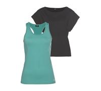 Trainingsshirt H.I.S "2-tlg. Shirt & Top", Damen, Gr. 42, bunt (schwarz, türkis), Obermaterial: 60% Baumwolle, 40% Polyester. Top: 95% Polyester, 5% Elasthan, bequem hüftlang, Rundhals, Shirts, Kurzar