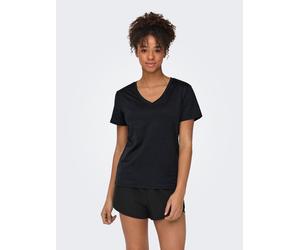 Trainingsshirt ONLY PLAY "ONPCORE LIFE VN SS REG TEE NOOS", Damen, Gr. S, schwarz (schwarz detail:melange), Single Jersey, Obermaterial: 96% Polyester, 4% Elasthan, meliert, regular fit normal, V-Auss