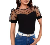 Transparente Mesh-Oberteile mit Punkten für Damen, kurzärmelige Bluse mit Mesh-Punkten, transparentes Tunika-Shirt mit Patchwork-Punkten